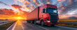 Lorry embarks on journey transporting goods across vast distances. Truck sets forth on route traversing highways and byways for delivering at sunset.