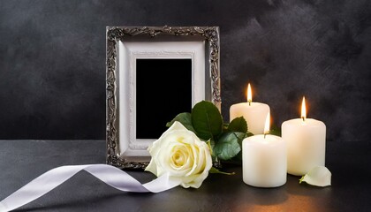 Wall Mural -  Funeral photo frame with ribbon, white rose and candles on a dark table on a black background. Space for design