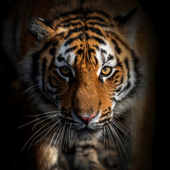 Wall Mural - Close adult tiger portrait. Animal on dark background