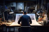 Fototapeta Przestrzenne - The image depicts a person working on an architectural drawing at a cluttered desk, illuminated by two desk lamps in a dimly lit room.