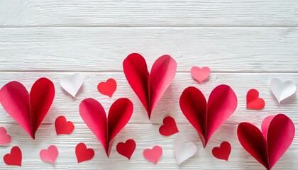 Wall Mural - valentines day background with paper heart symbols on white flat lay top view love concept