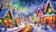 a whimsical snowfall in a charming winter village where gingerbread houses and candy cane trees create a fantasy christmas wonderland