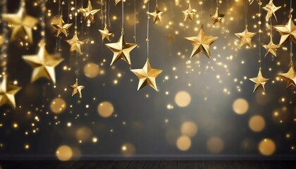 Wall Mural - dark room with golden stars hanging from the ceiling on a blurred background