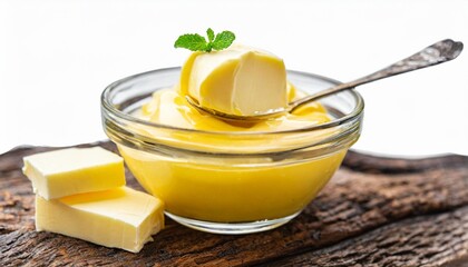 Wall Mural - a glass bowl of melted butter isolated on white ghee butter keto canva cutout png