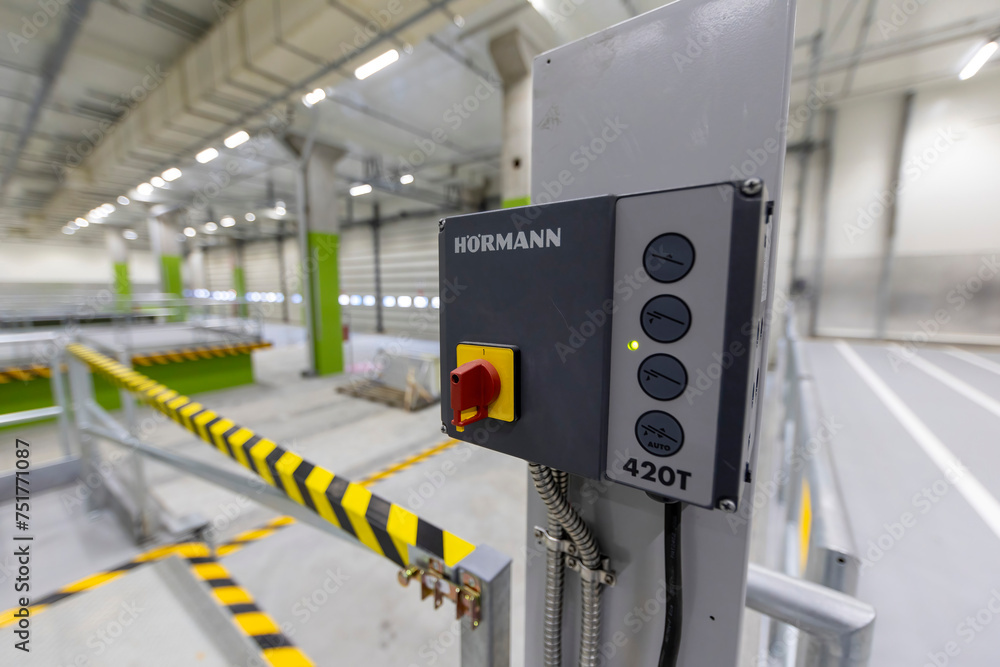 Hörmann-branded industrial control panel with emergency stop button in ...