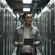 Malaysian man walks with tablet in data center. Perfect for technology companies, IT services, or multicultural workplace visuals