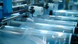 An advanced polyethylene plastic bag production machine, illuminated by dynamic lighting effects