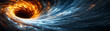 © Russell - Hot and cold energy spiral into a gravity well, their contrasting forces intertwining and creating a mesmerizing display of swirling motion that spans an ultra-wide background
