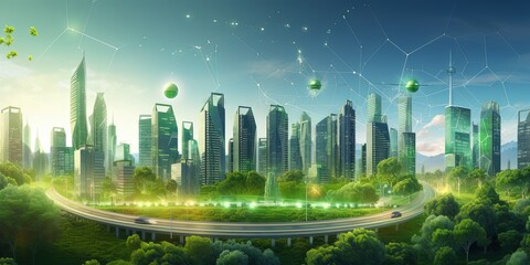 Wall Mural - Sprawling green community with Digital smart city infrastructure and rapid data network. Digital city, smart society, smart homes, digital community.