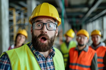 Portrait maintenance engineer man with team as a background wearing uniform and safety hard hat are shocked about fail construction site,