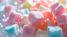 Colorful Marshmallows Soaked In Water With Bubbles Close Up