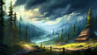 Detailed illustration of scenery with mountains, river and wild forest. Dark dramatic cloudy sky.