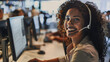 Smiling Woman with Headset in Office Environment at Customer Service