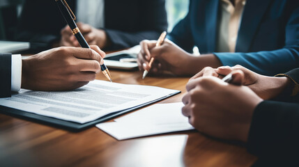 Wall Mural - Close-up view of hands signing a document, with multiple individuals engaged in a business meeting around a table.