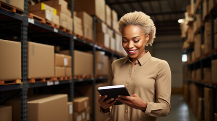 Canvas Print - Smiling woman standing in a warehouse aisle, using a smartphone possibly to manage or check inventory.
