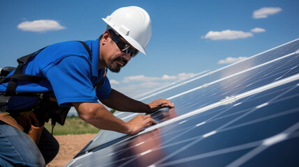 Wall Mural - Technician wearing a safety helmet and high-visibility vest is installing or maintaining solar panels, with a clear blue sky in the background.