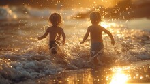 Kids Playing Happily In The Water At Sunset, Smiling And Having Fun