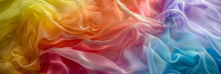 Wall Mural - Pastel Rainbow Silk Background, Ruffle Banner, Folded Textile Waving Texture, Silk Waves Mockup