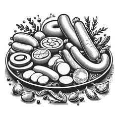 Wall Mural - sausages and meat products on plate sketch engraving generative ai vector illustration. Scratch board imitation. Black and white image.