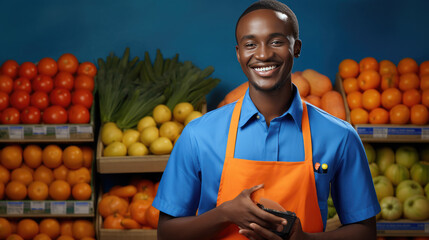 Wall Mural - Cheerful supermarket employee in an apron is smiling while standing in front of a display of fresh fruits.