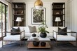 Mid-Century Modern Living Room: Ornate Ironwork Structures with Iron Coffee Table, White Sofa, and Leather Armchairs