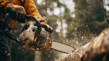 Lumberjack Operating Chainsaw to Cut Tree