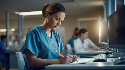 Wall Mural - Healthcare worker in blue scrubs writing on a medical chart, indicating a busy hospital or clinic setting.