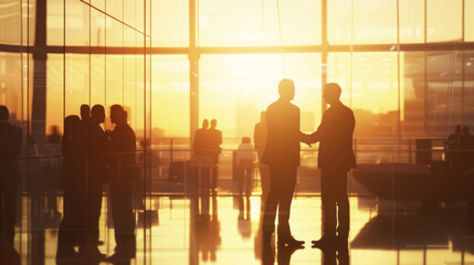 Wall Mural - Two professionals are silhouetted against a sunset backdrop as they shake hands in an office environment, signaling a meeting or agreement.