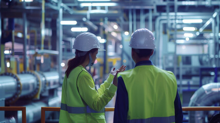 Wall Mural - Two industry professionals in safety gear are inspecting a manufacturing plant using a digital tablet.