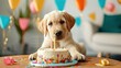 Ein süßer Hund vor einer Geburtstagstorte 