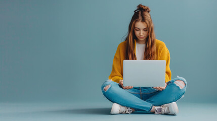 Canvas Print - A young woman in a yellow sweater and jeans sits on the floor with her legs crossed, engrossed in her laptop.