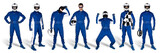 Fototapeta Las - Set Collection of race driver with blue overall saftey crash helmet and chequered checkered flag isolated white background. motorsport car racing sport concept
