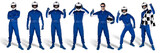Fototapeta Las - Set Collection of race driver with blue overall saftey crash helmet and chequered checkered flag isolated white background. motorsport car racing sport concept
