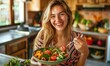 A beautiful woman is eating a healthy food salad