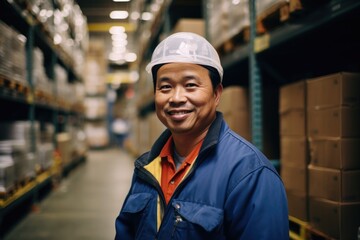 Sticker - Portrait of a smiling Asian middle aged man working in warehouse