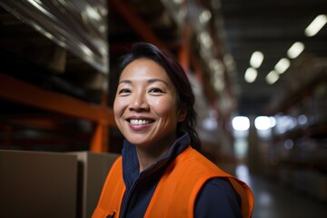 Sticker - Portrait of a smiling middle aged asian female warehouse worker