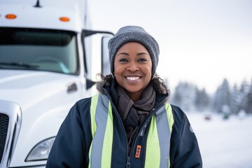 Wall Mural - Portrait of a smiling female truck driver in front of truck during winter