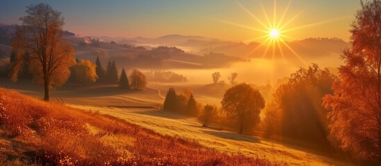 Wall Mural - Glorious sunrise over a beautiful field with lush trees and vibrant green grass