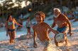 Three generations of a family come together to play with ball on a beach court, with grandparents, parents, and grandchildren passing volleyball and taking shots 