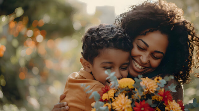 african american son congratulating and hugging his black mother and give her flowers for mothers day. Happy loving family concept. Happy mother's day