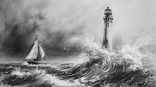 Black And White Painting Shows An Elegant Lighthouse, Majestically Raised Above 