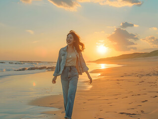 Wall Mural - Portrait of a happy laughing asian woman at sunset on beach smiling laughing on summer holiday vacation travel lifestyle freedom fun.