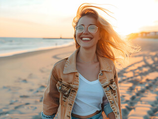 Wall Mural - Portrait of a happy laughing blonde woman with glasses on beach smiling laughing on summer holiday vacation travel lifestyle freedom fun.