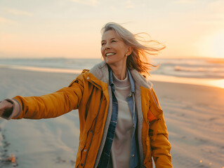 Wall Mural - Portrait of a happy laughing mid aged woman with jacket on beach smiling laughing on summer holiday vacation travel lifestyle freedom fun.