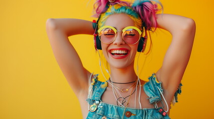 Trendy teenage girl with colored hair listening to music on headphones. Modern young fashionable woman 