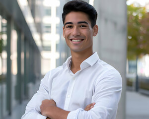 Wall Mural -  Young asian business man with brown hair posing outside with hands folded, smiling at camera