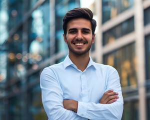 Wall Mural -  Young business man with brown hair posing outside with hands folded, smiling at camera