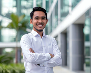 Wall Mural -  Young filipino business man with brown hair posing outside with hands folded, smiling at camera