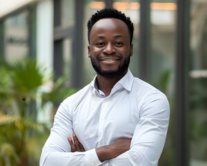 Wall Mural - handsome african american business man posing in front of office with hands folded, looking at camera with toothy smile. Happy black male entrepreneur, professional, worker head shot portrait