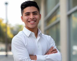 Wall Mural - Positive beautiful young hispanic business man posing in front of office with hands folded, looking at camera with toothy smile. Happy male entrepreneur, professional, worker head shot portrait